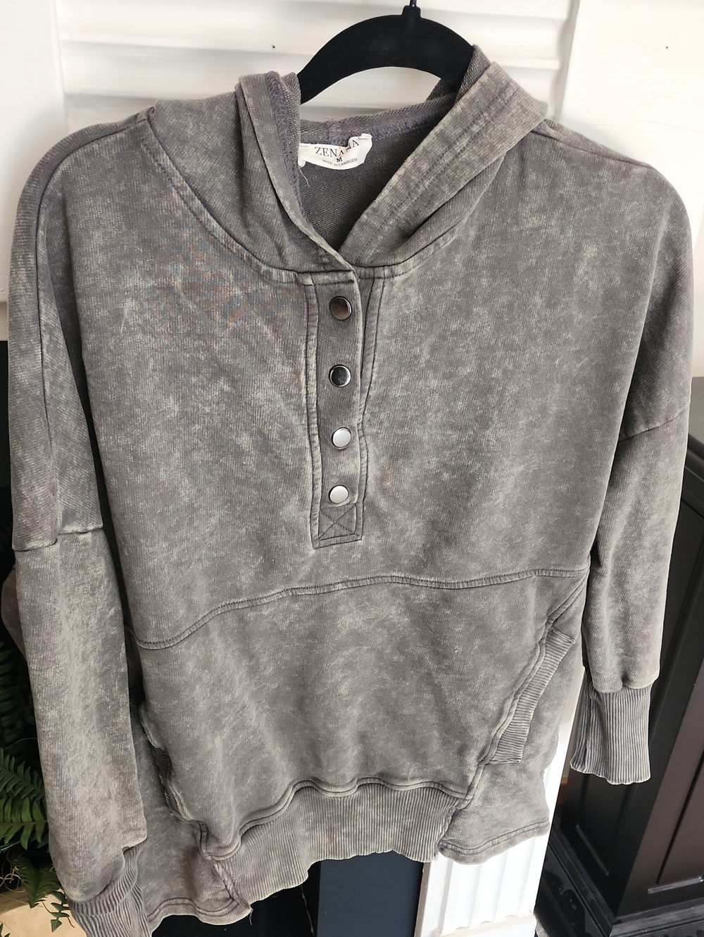 Zenana Washed Charcoal Button Hoodie - Picture 2 of 3